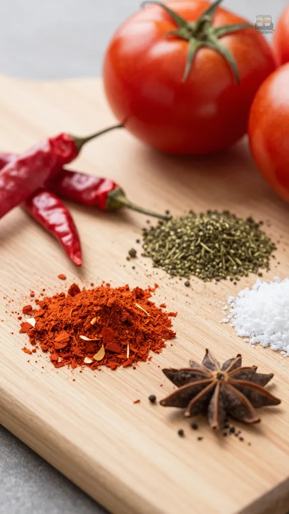 chili spices and canned tomatoes on wooden board