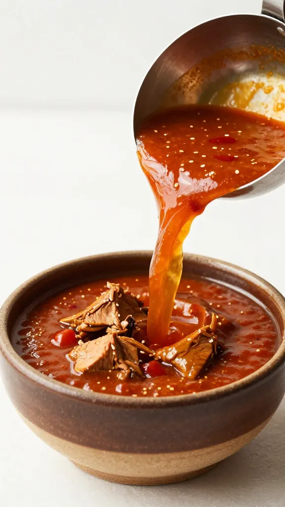 ladle pouring turkey chili into rustic ceramic bowl