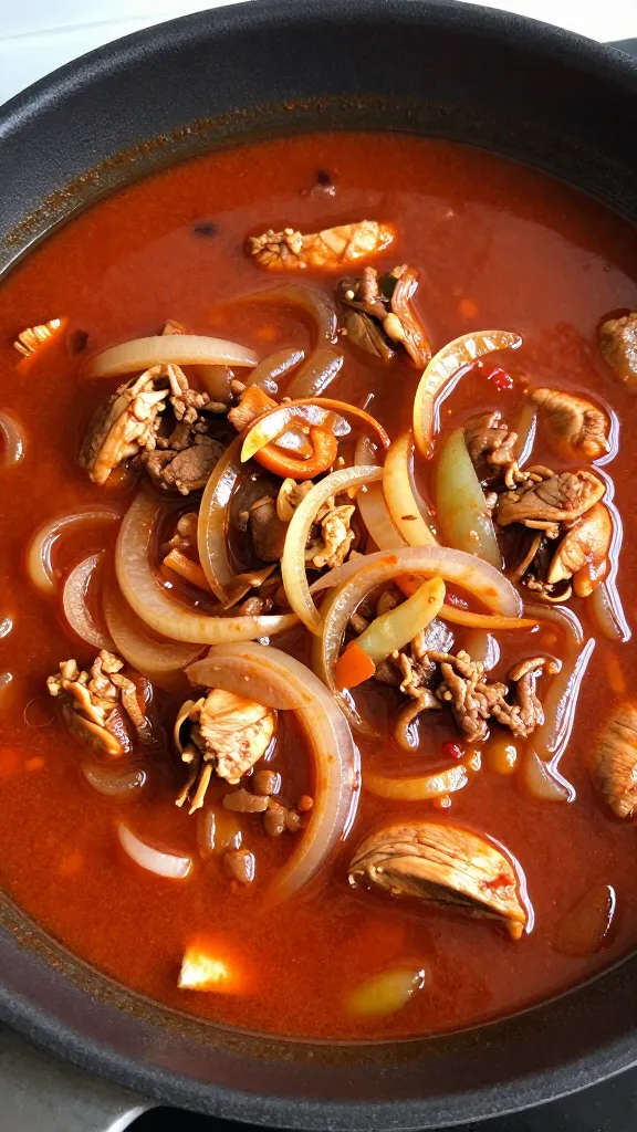 stovetop chili with onions, turkey, and rich red broth