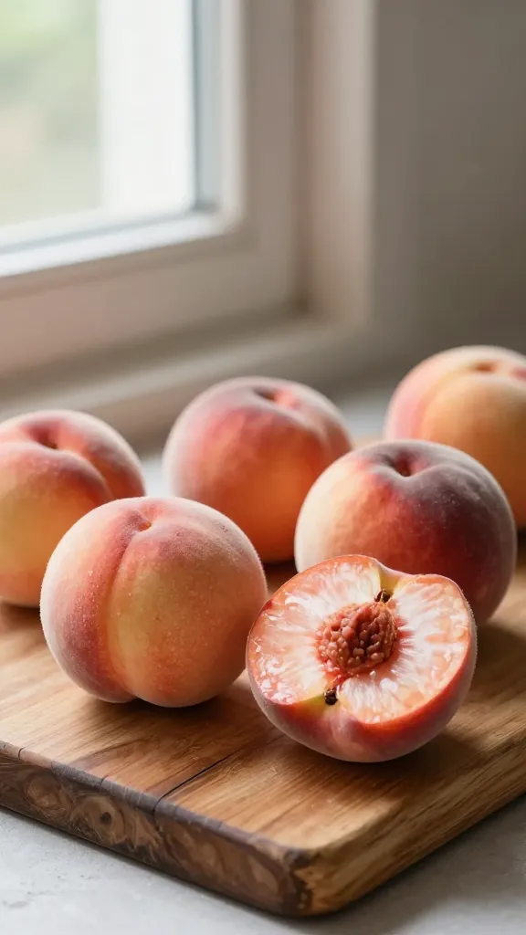 Overripe peaches on rustic cutting board, soft window light