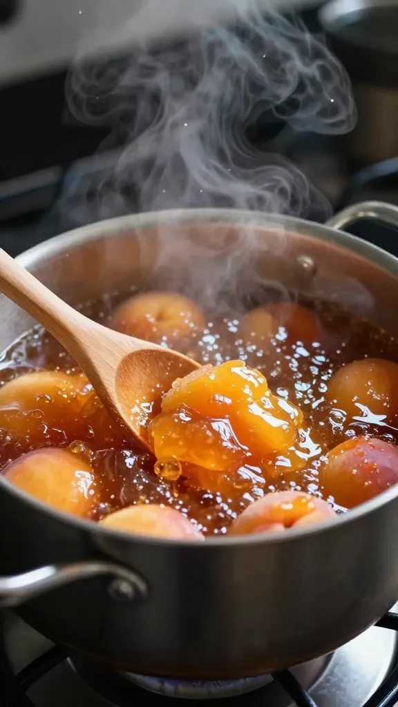 Peach jam simmering in pot, wooden spoon, stovetop steam