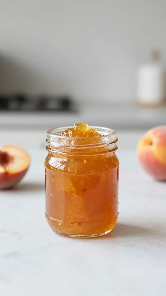 Warm peach jam in glass jar, minimal kitchen backdrop