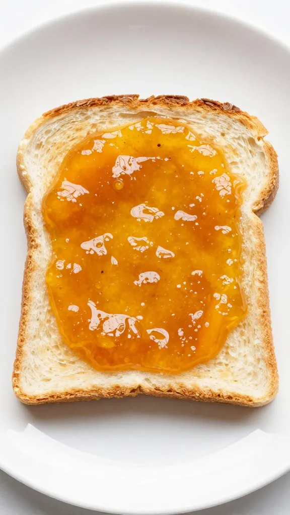 Toast with glossy peach jam smear, white plate