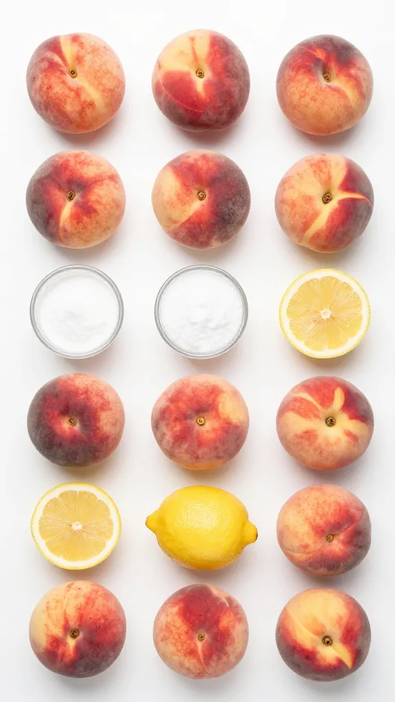 Peaches, sugar, and lemon laid out, top-down shot
