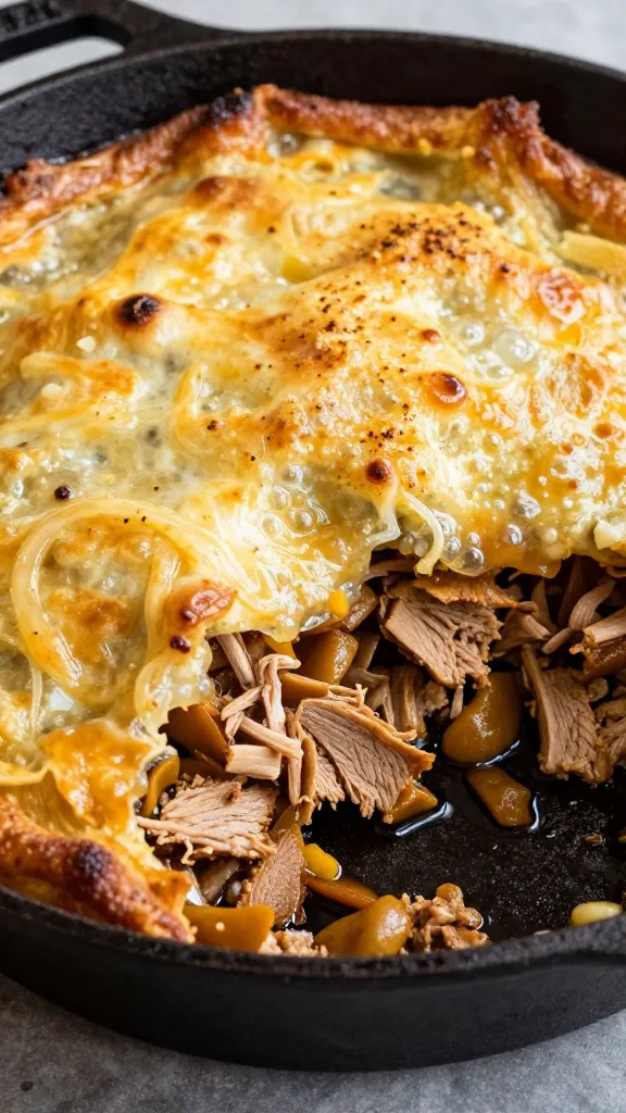 Leftover turkey shepherd’s pie in cast-iron skillet, bubbling