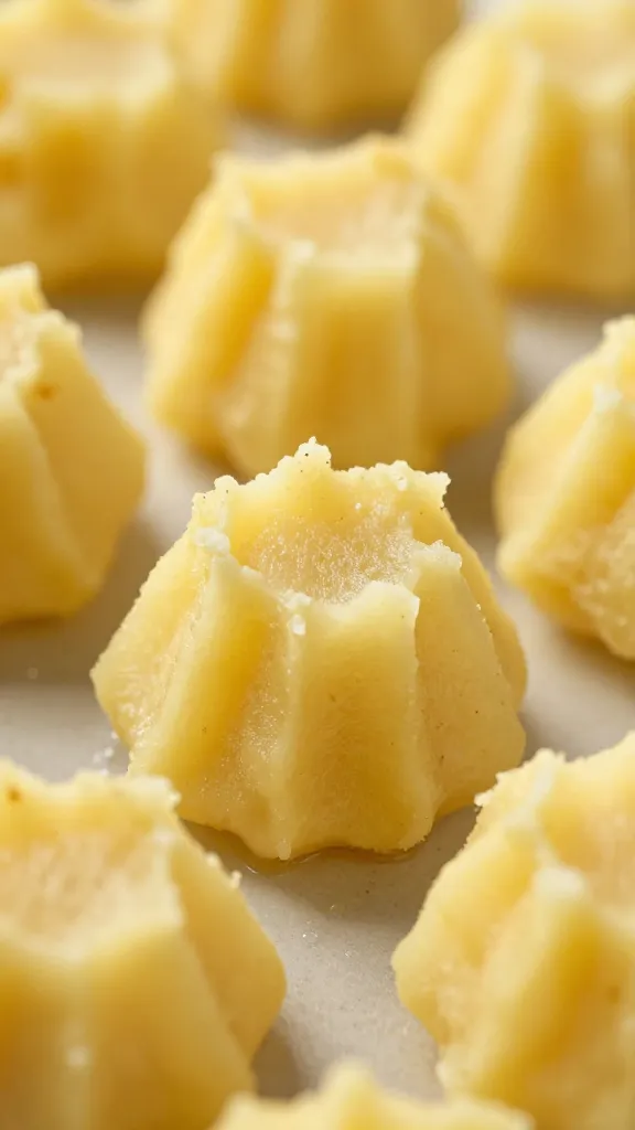 Golden mashed potato ridges atop turkey filling, close-up