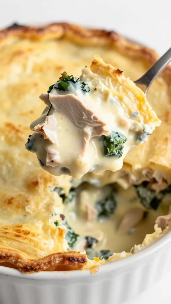 Spoon lifting creamy turkey-and-veg shepherd’s pie