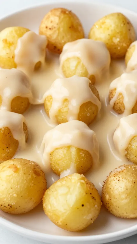 Crispy mashed potato peaks with rich gravy glaze