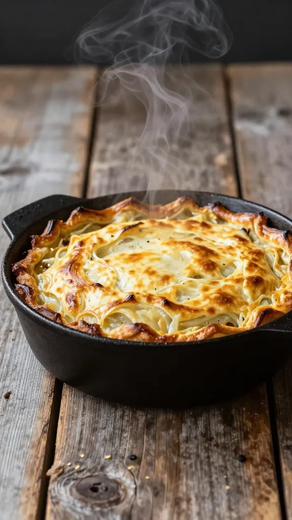 Skillet shepherd’s pie on rustic wooden table, steam rising