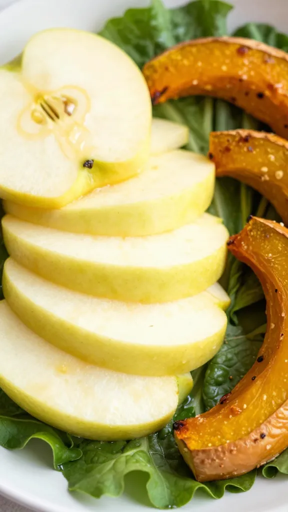 sliced honeycrisp apples and roasted squash on greens
