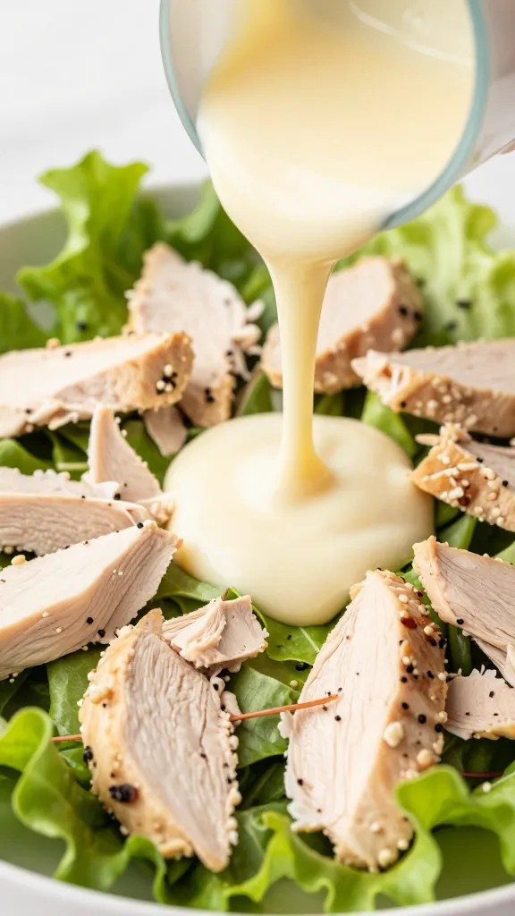 maple vinaigrette drizzled over chicken salad close-up