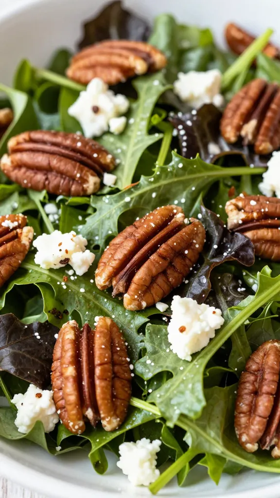 crunchy pecans and feta on mixed fall greens