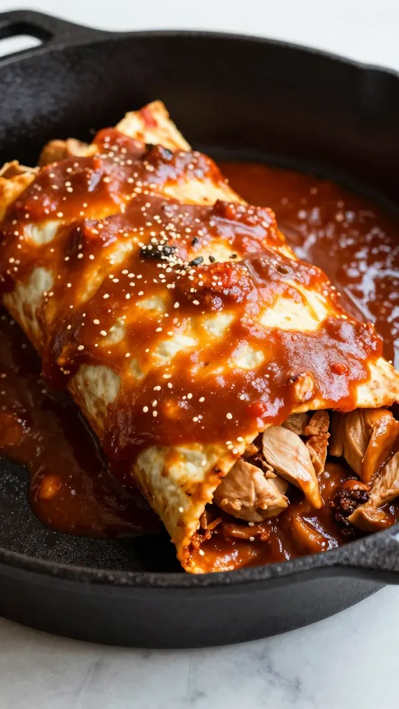 leftover chicken enchiladas in red sauce, cast-iron skillet