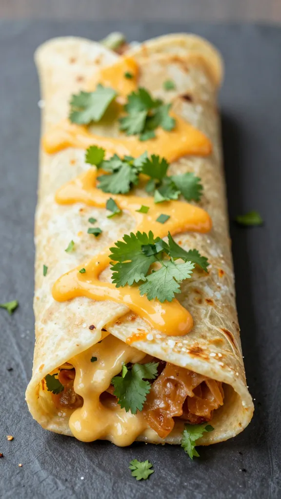 rolled tortillas topped with melted cheese and cilantro