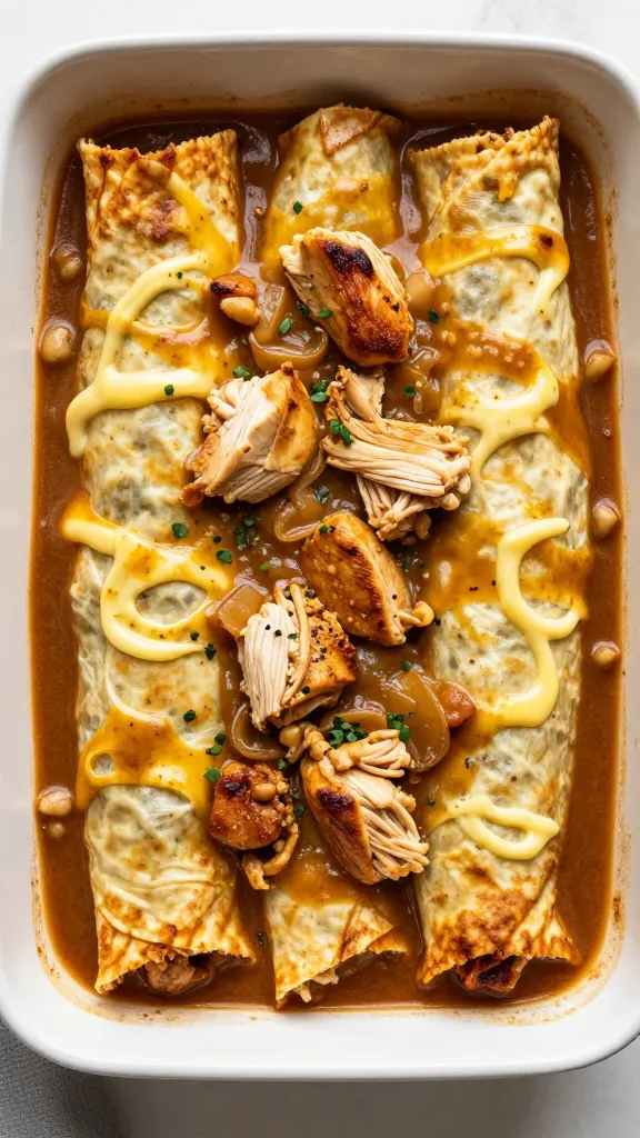baking dish of saucy chicken enchiladas, overhead shot