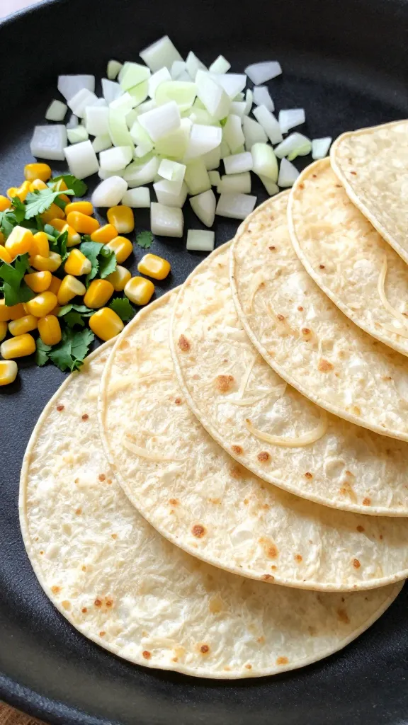chopped onion, corn, cilantro beside filled tortillas