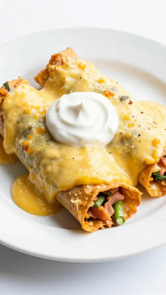 cheesy enchiladas on white plate with sour cream dollop