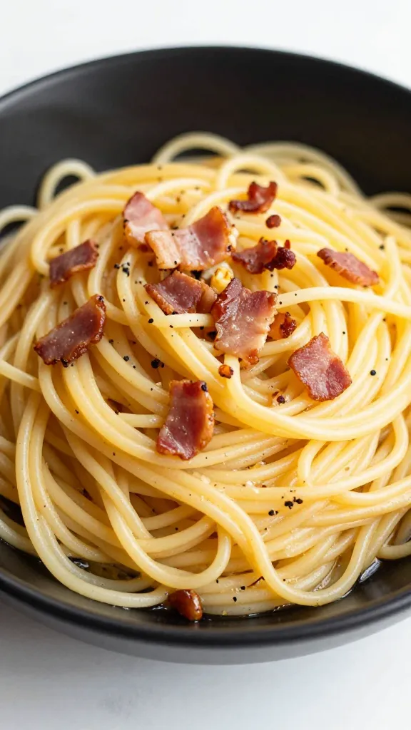 spaghetti carbonara with bacon bits in black bowl