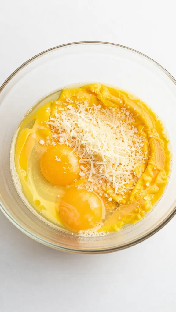 whisked eggs and parmesan in glass bowl, overhead