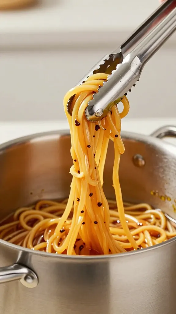 tongs lifting glossy carbonara over stainless pot