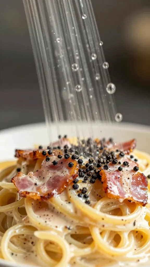 black pepper shower over creamy bacon pasta, close-up