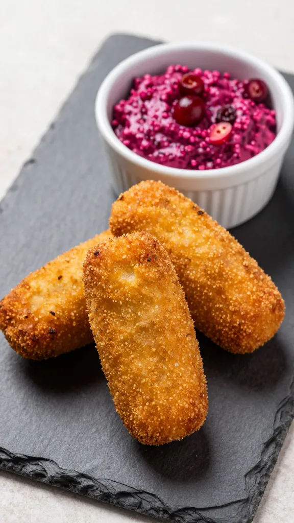 Turkey croquettes with cranberry dip on slate board