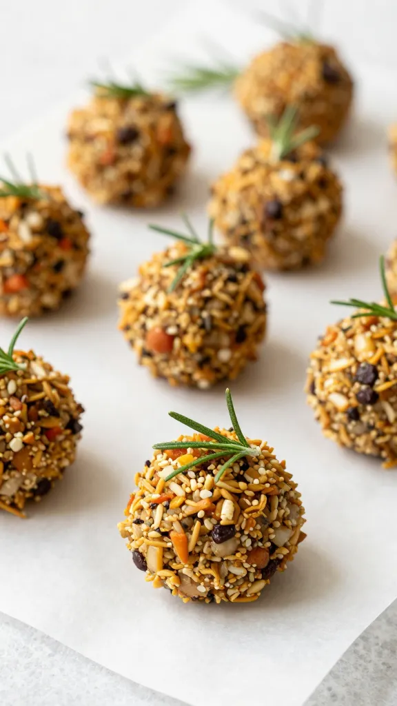 Mini turkey stuffing balls on parchment, rosemary garnish