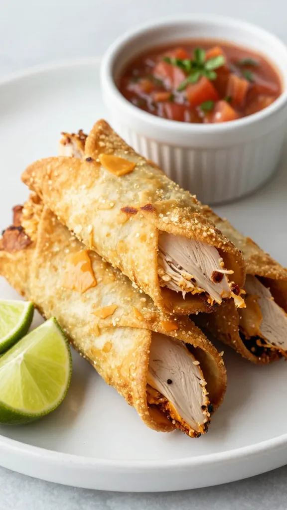 Crispy turkey taquitos with lime wedges, salsa ramekin