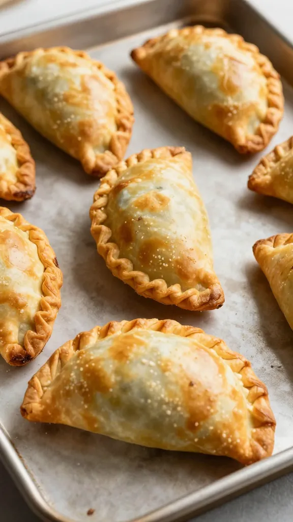 Baked turkey empanadas on sheet pan, flaky golden crust