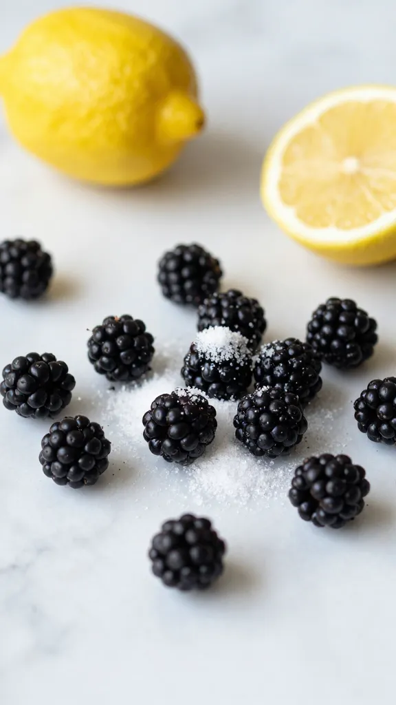 Blackberries, sugar, and lemon on marble countertop