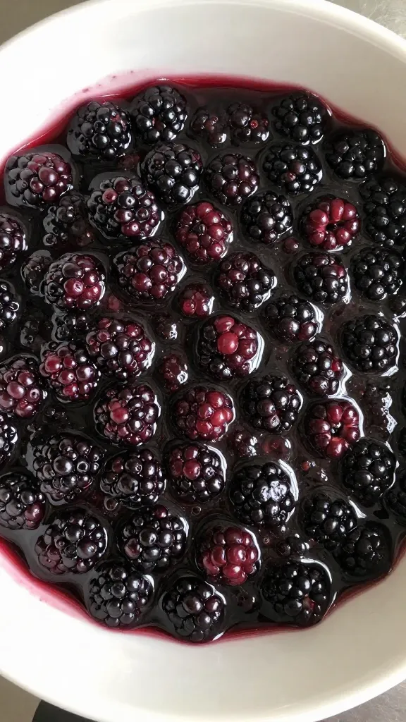 Pot of simmering blackberry jam, overhead shot
