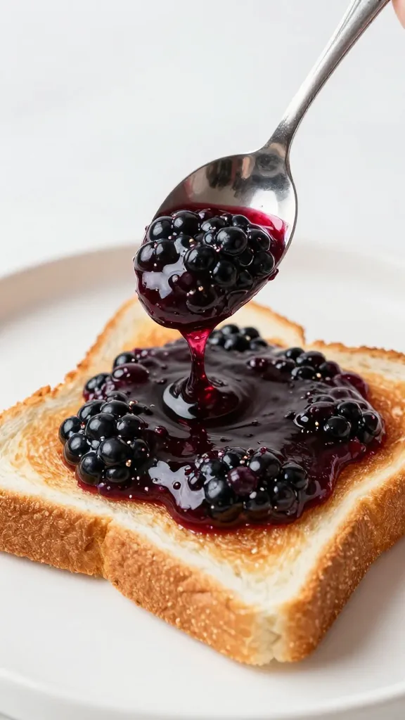 Spoon drizzling blackberry jam onto toast
