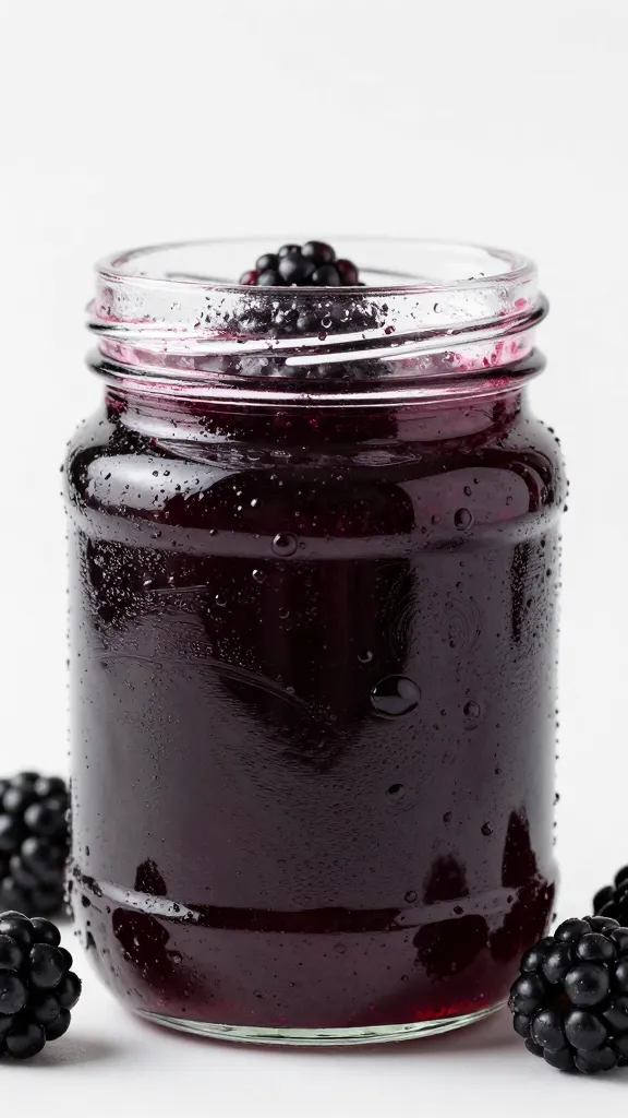 Blackberry jam in glass jar, condensation, studio lighting