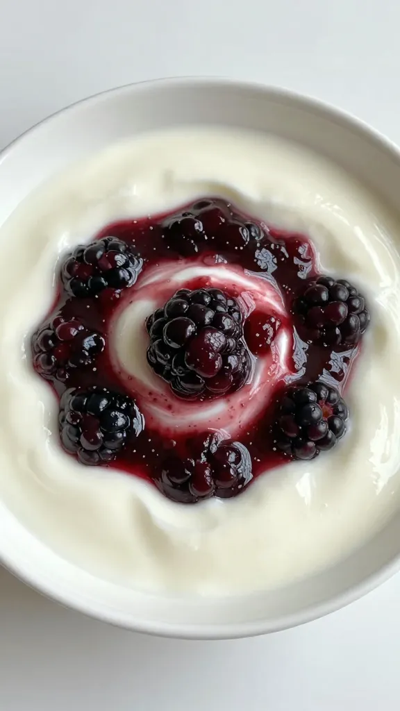 Swirl of blackberry jam in plain yogurt bowl