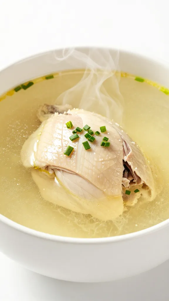 steaming chicken soup in white bowl, fall herbs garnish