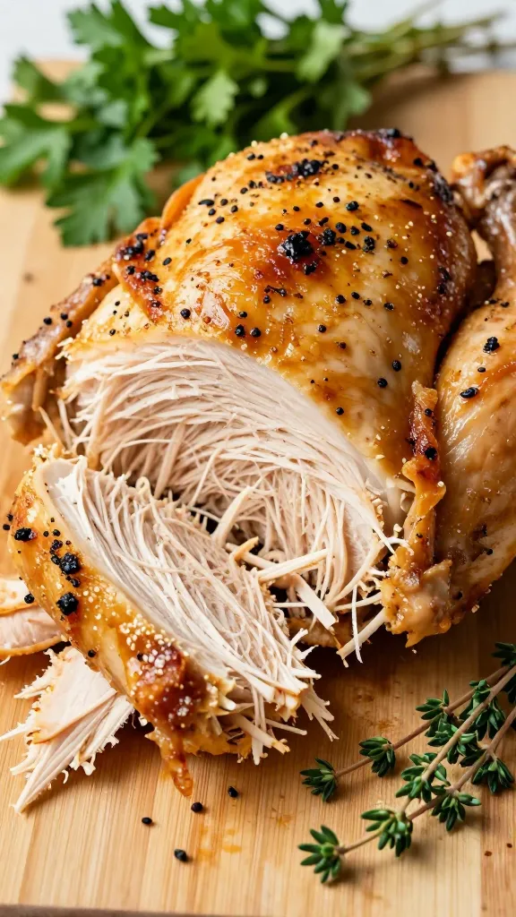 shredded roast chicken on cutting board, parsley and thyme