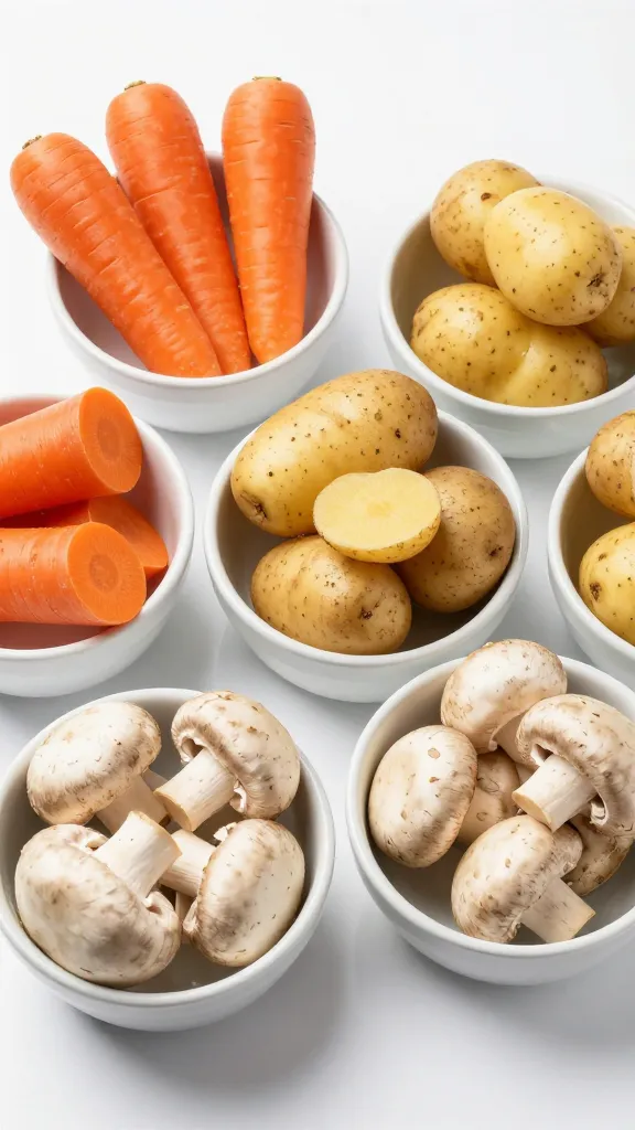 carrots, potatoes, and mushrooms prepped in small bowls