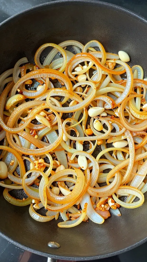 sautéed onions and garlic in dutch oven, golden edges