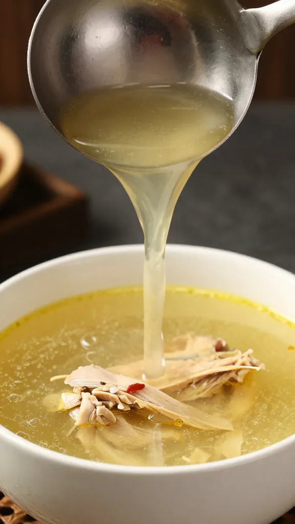ladle pouring brothy chicken soup into ceramic bowl
