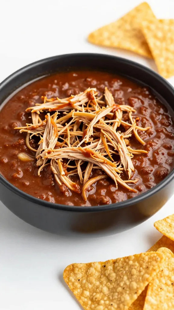 shredded leftover turkey chili in black bowl, tortilla strips