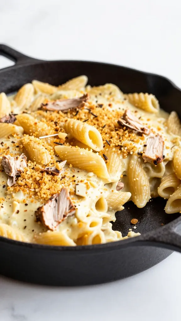 creamy turkey pasta bake with breadcrumbs in cast-iron skillet