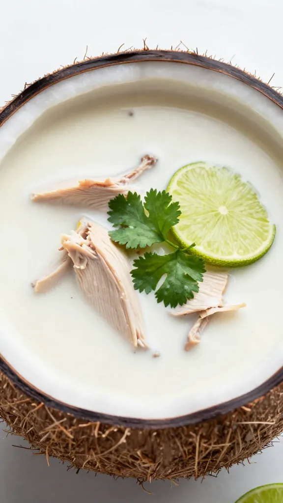 coconut milk turkey soup with lime and cilantro garnish