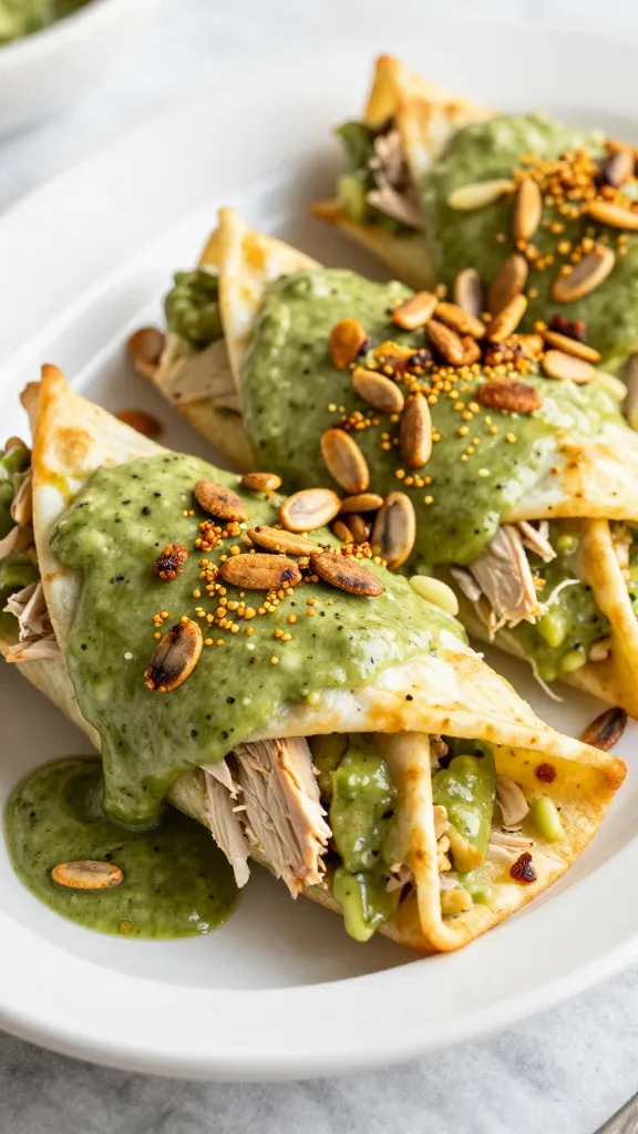 salsa verde turkey enchiladas topped with toasted pepitas