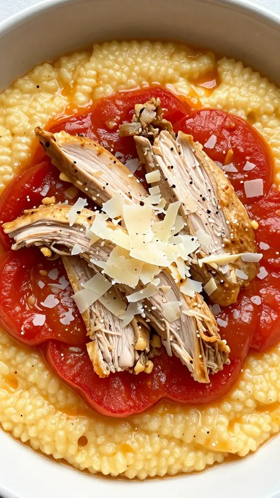 tomato-braised turkey polenta bowls with parmesan shaving