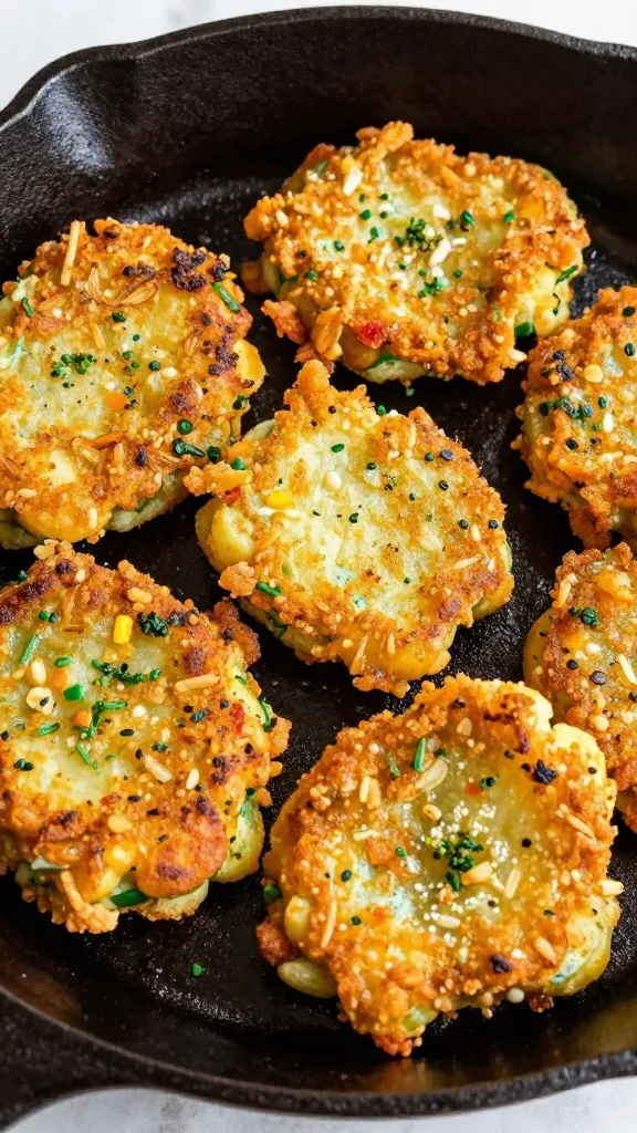 Crispy potato salad fritters on cast-iron skillet