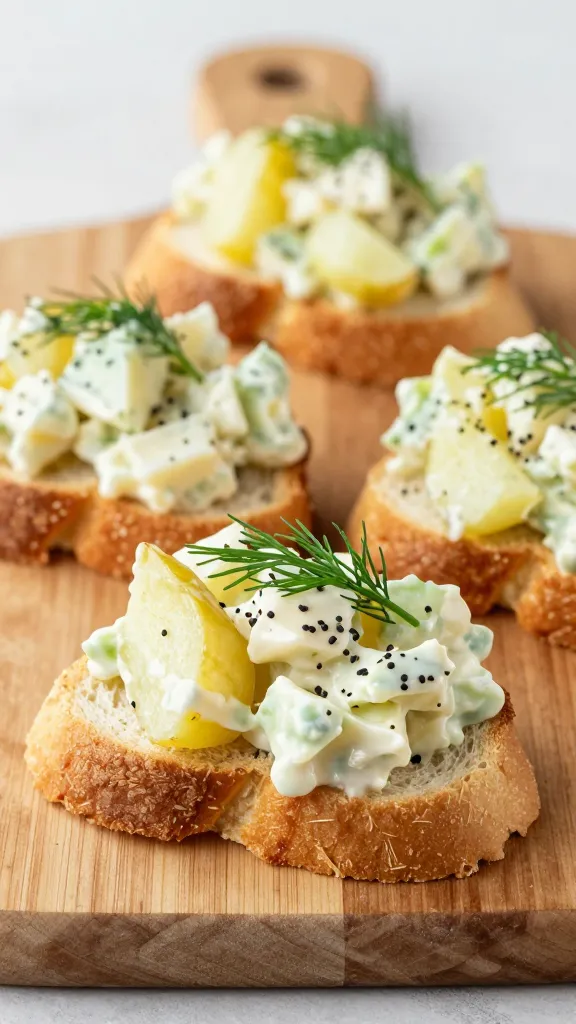 Potato salad crostini with dill on wooden board