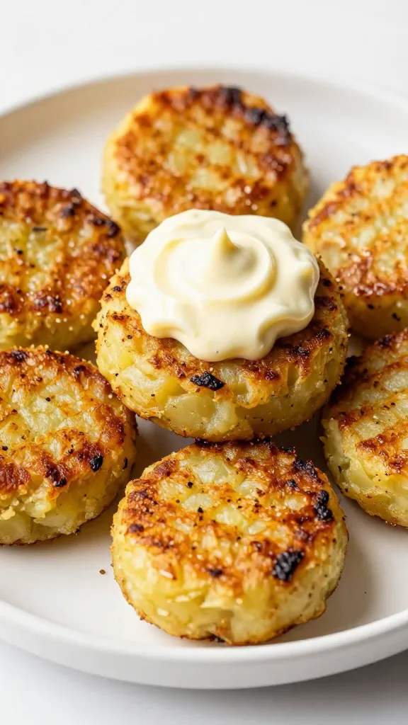 Grilled potato salad cakes with lemon aioli