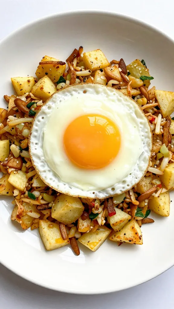 Potato salad breakfast hash with fried egg
