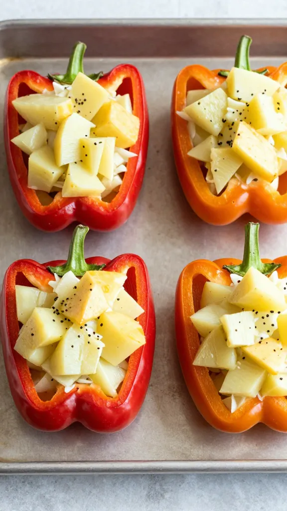 Potato salad-stuffed peppers on baking tray