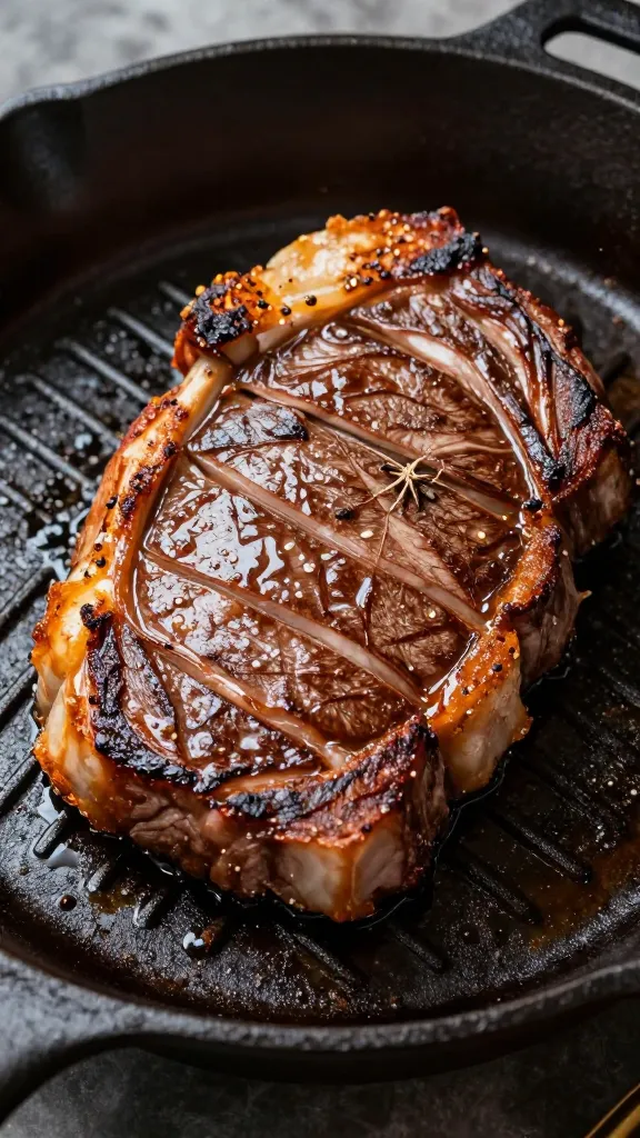 thin-sliced ribeye searing in cast iron, crispy edges